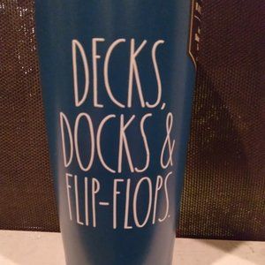 New Rae Dunn DECKS, DOCKS & FLIP-FLOPS. 17 oz. Blue Stainless Steel Tumbler /Wht